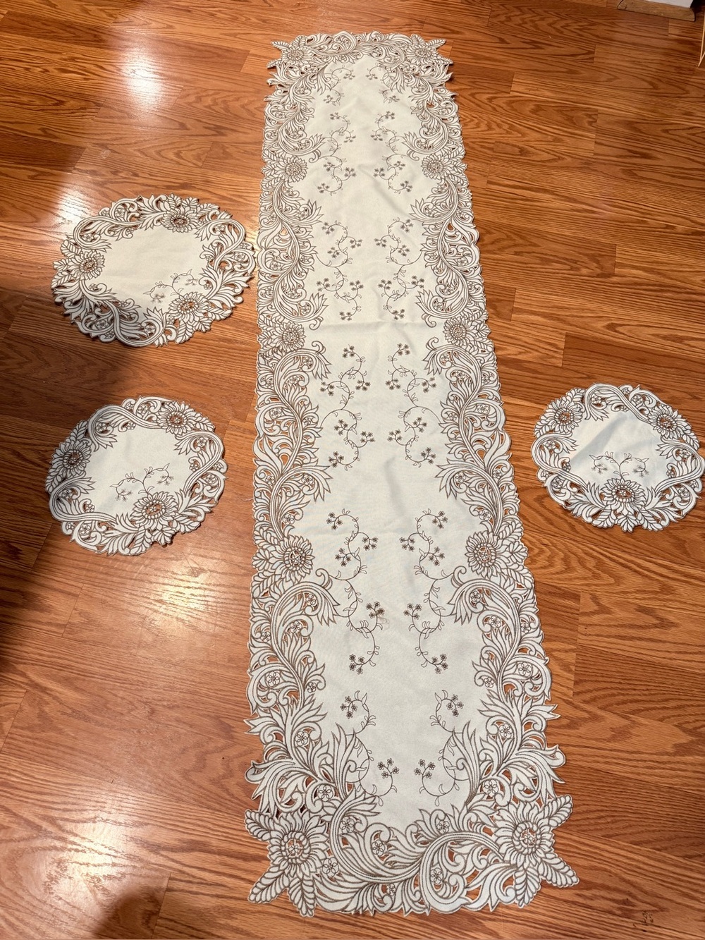 Embroidered Floral Table Runner and Doily Set - Ivory with Taupe Detailing